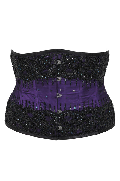 Purple Strapless Lace Applique Zipper Front Overbust Burlesque